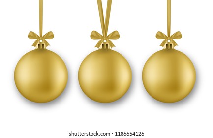Set of Golden Christmas balls. Realistic Christmas balls decorations with silk ribbon and bow, isolated on white background