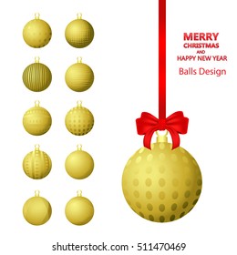 Set of golden Christmas balls and red bow isolated on white