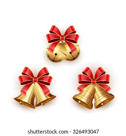 Set of golden Christmas bells with red bow on white background, illustration.