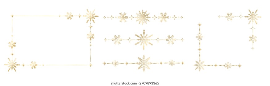 Conjunto de bordas douradas de Natal e quadros de canto com flocos de neve e estrelas. Elegantes ornamentos retos para cartões de férias, embalagens de luxo, convites de inverno e marca festiva. Vetor.