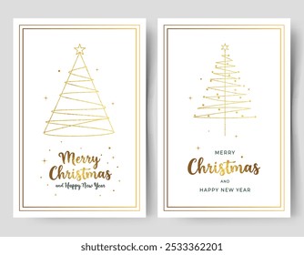 Set of golden christmas cards with christmas tree and lettering. Minimalistic xmas greeting cards. 