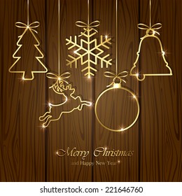 Set of golden Christmas elements on wooden background, illustration.