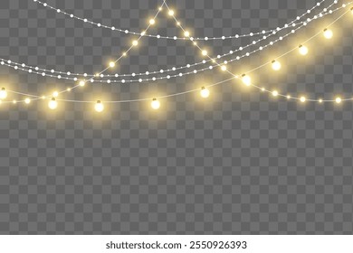 Set of golden Christmas glowing garlands with sparks.Christmas lights isolated on transparent background. For congratulations, invitations and advertising design. Vector