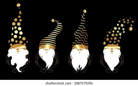 Set of golden Christmas Gnome, Scandinavian Nordic Gnome, Cute Christmas balls Santa Gnome Elf. Vector isolated on black background. Xmas gold elements for design, invitations and greeting cards