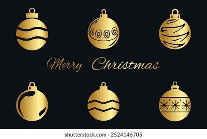 Set of golden Christmas tree balls with congratulatory text. Vector on black background