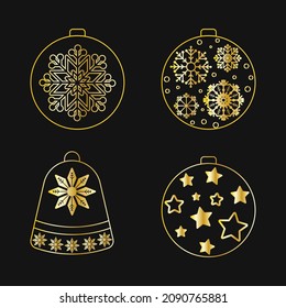 A set of golden Christmas tree decorations, balls and a bell with a lace pattern of snowflakes. Vector illustration, flat design, on a dark background, eps 10.