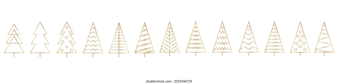 Set of golden christmas tree line icons .Christmas tree with a stars. Vector golden simple icons collection isolated on white background.Gold Christmas tree line set.