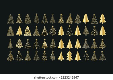 a set of golden Christmas trees in a linear style on a dark background