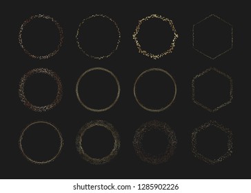 Set Golden circle confetti frames. Festive gold sparkle border, round and hexagons spotted frames. Template for wallpaper, banner, flyer, poster, card, invitations, logo