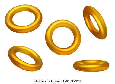 Set of golden circles in different view isolated on white background. Realistic geometric elements for design projects. Bright vector minimalistic concept. Colorful illustration.