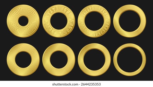 Set of Golden Circular Frames with Greek Key Pattern. Gold Round Ornamental Borders. Isolated elegant premium Vector Design Elements, text box on black background EPS10
