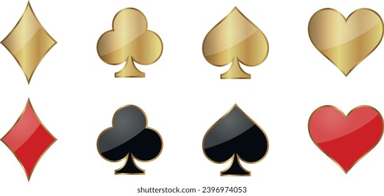 A set of golden and classic playing card symbols: Diamonds, Hearts, Clubs, Spades