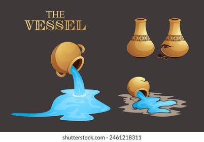 Set of golden clay pots solid and broken some spilling water on the ground. Can be used to enhance art projects or environments. Old luxury feel vintage object in different styles.