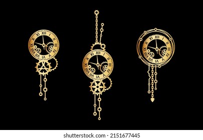 Set of golden clocks with gears, cogwheels and chains on a black background. Mechanism. Steampunk. Decorative elements for holiday greeting card, banner, poster, signage, label and print for t-shirt