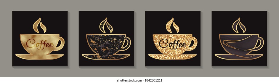Set goldener Kaffeetassen mit Marmor und glänzender Textur auf schwarzem Hintergrund.