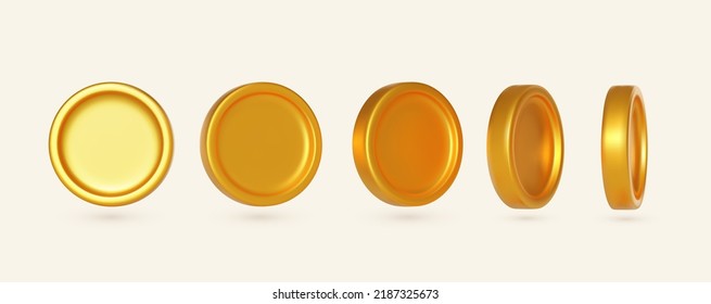 Set of golden coin in different shape isolated on white background. Symbol of gold and wealth. Collection of rotating coins. Realistic money vector illustration.