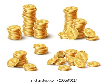 Set of golden coin piles isolated on white background. Money stack of gold treasure realistic. Monetary savings and casino prize concept. 3d vector illustration