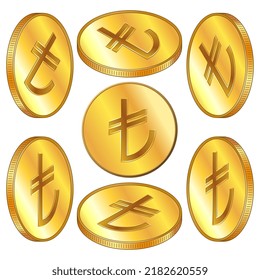 Set of golden coin Turkish lira TRY isometric view isolated on white. Vector design element.