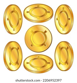 Set of golden coin with universal currency sign isometric view isolated on white. Character used to denote an unspecified currency. Vector design element.