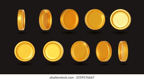 Set of golden coin vector. Realistic 3d vector blank or gold coin different views. Template payment and investment, bank and finance, gold money symbol. Vector realistic 3d golden coin collection.