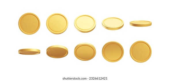 Set of golden coins from different angles, 3D rendering. Spinning gold coin in different views. Payment, investment, bank, finance, money symbol isolated on white background