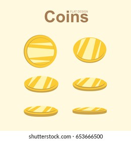 Set of golden coins in different position, gold money vector