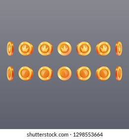 Set of golden coins in different positions. Coins with crown. Colorfull cartoon vector illustration. Set for games and interfaces.