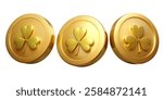 Set of golden coins with four leaf clover. St. Patrick s day symbol. Vector illustration with a white background