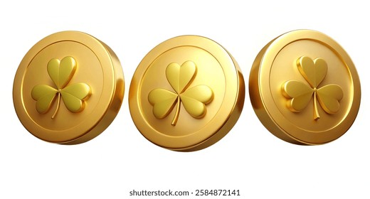 Set of golden coins with four leaf clover. St. Patrick s day symbol. Vector illustration with a white background