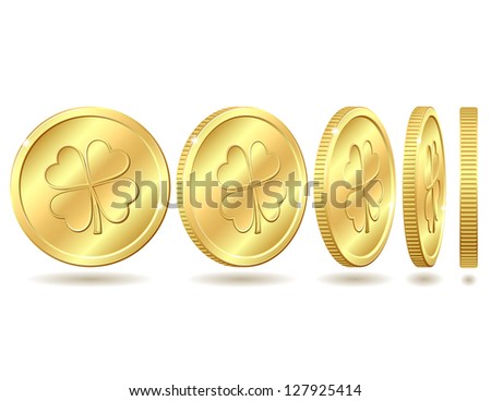 Set of golden coins with four leaf clover. St. Patrick's day symbol. Vector illustration