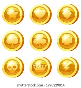 Set of Golden Coins for game apps. Gold icons star, heart, card suits, crown, symbols game UI, gaming gambling. Vector illustration