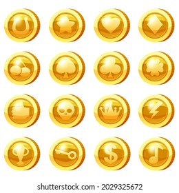 Set of Golden Coins for game apps. Gold icons star, heart, clubs hearts, tambourine, spades, clover leaf, scull,crown, bolt, cherry, key symbols game UI, gaming gambling. Vector illustration