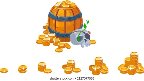 Set of golden coins for the game. 
Barrel with coins. Human skull. Isolated vector cartoon illustration.
Concept of money, gold market and treasure. 