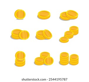 Set of golden coins pile. Different Stacks of gold money, cash or treasure. Bank and finance. Investment, profit or gain. Copy space. Vector collection isolated on transparent background