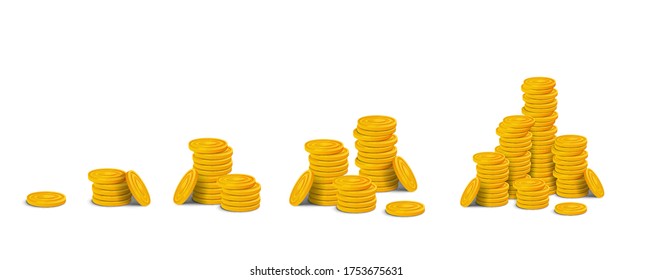 Set of golden coins piles. Staacks of colorful glossy money realistic game assets in a row from one coin to big pile. Vector illustration isolated on white background