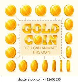 Set of golden coins rotation frames for animation, game or app interface. 
