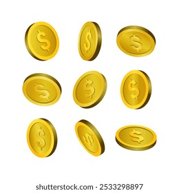 Set of golden coins showing the dollar sign in different ways to demonstrate the value of money and investment.