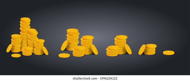 Set of golden coins stacks on black background. Colorful glossy piles of money money realistic game assets. Vector stock image