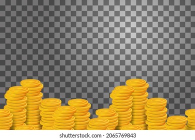 Set of golden coins stacks on transparent looking background. Colorful glossy piles of money money realistic game assets with copyspace for text. Vector stock illustration