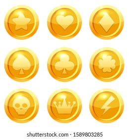 Set of golden coins with star, heart, club, heart, tambourine, peak, clover leaf, scull,crown, lightning symbols. For web, game or application GUI UI. Vector illustration isolated