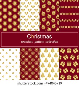 Set Golden collection of seamless patterns with red flowers. Set of seamless backgrounds with traditional symbols snowflake, pine tree,star and matching abstract patterns. Stock vector.Merry Christmas