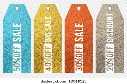 Set of golden color glittering labels isolated on transparent background, vector illustration