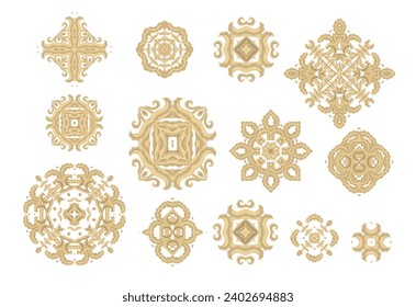 Set of golden coloring decorative rosettes - mandala on white background