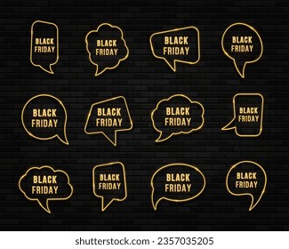 Set of golden comic speech bubbles for Black Friday. Shiny comic speech bubbles for advertising promotion, sale text, heading, title decoration, badge, emblem, frame.
