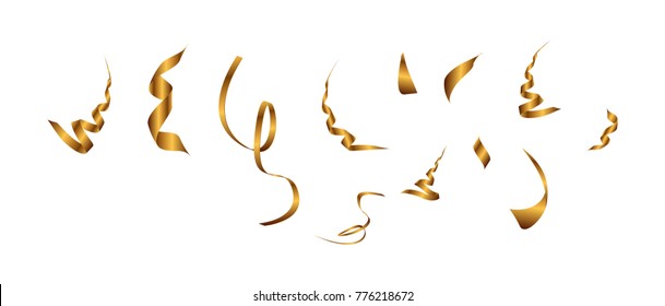 a set of golden confetti. Different types of gold ribbons and gold pieces of paper