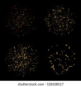 Set of Golden confetti isolated on black background. Vector Illustration.