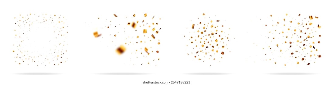 A set of golden confetti particles falling, with and without motion blur. Celebration element for special event design.