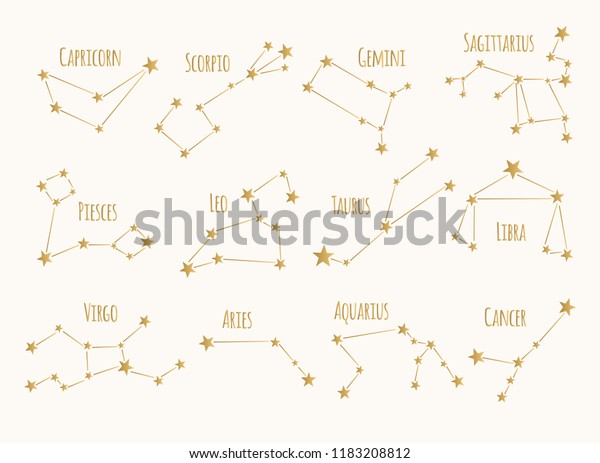 Set of\
golden constellations. Vector zodiac\
signs.