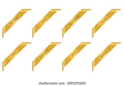 Set of Golden Corner Ribbon with diferent options, Vector Design Elements: try now, new, best offer, sale, free, discount, hot, bonus.