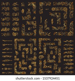 Set of golden corners, frames, arrows, borders and dividers for design. Wave branches, leaves, turkeys, birds, ears of wheat, apples and flowers elements, vintage ornaments